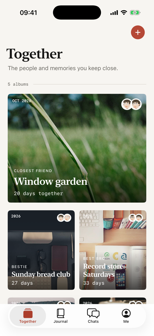 together home screen showing a wall of private shared albums